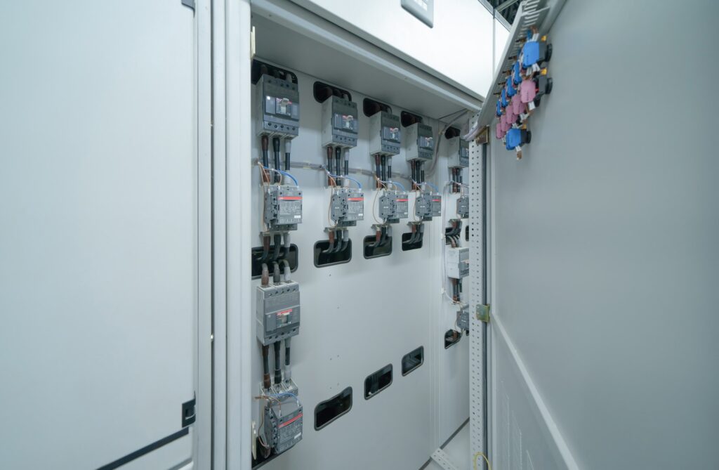 Industrial electric switch panel power plant in industry factory. Switchgear operation control